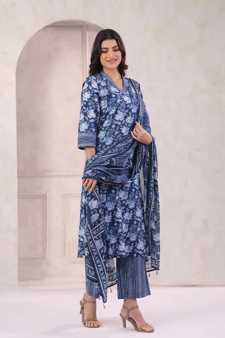 Blue Cotton Printed Designer Kurta Pant With Dupatta Set