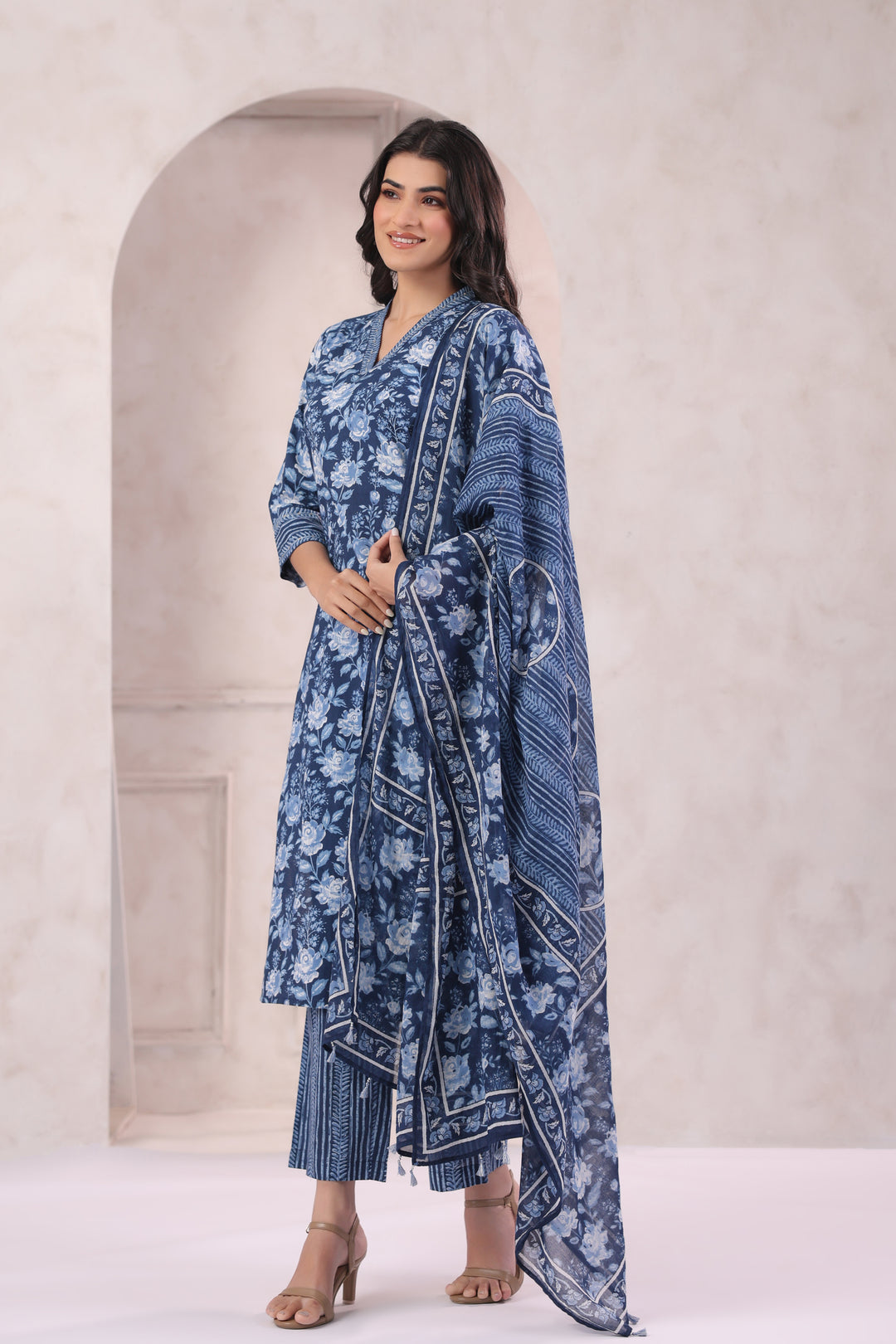 Blue Cotton Printed Designer Kurta Pant With Dupatta Set
