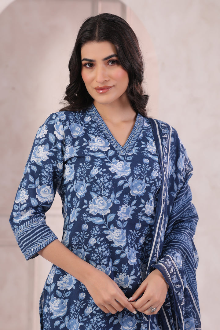 Blue Cotton Printed Designer Kurta Pant With Dupatta Set