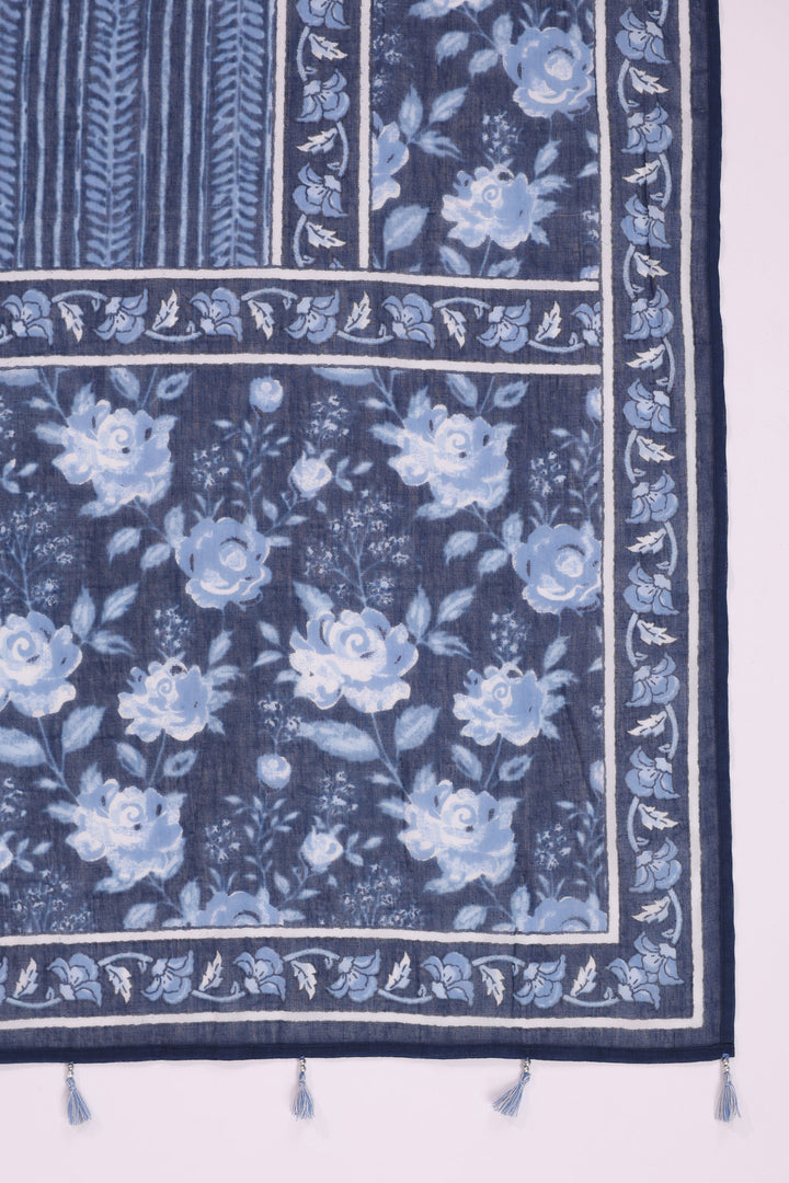 Blue Cotton Printed Designer Kurta Pant With Dupatta Set