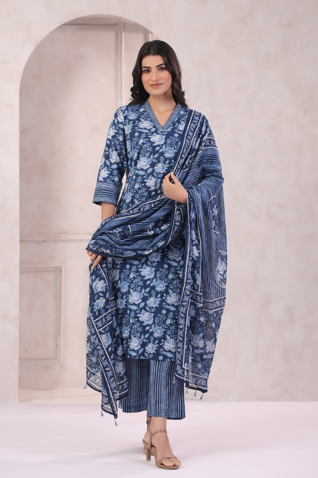 Blue Cotton Printed Designer Kurta Pant With Dupatta Set