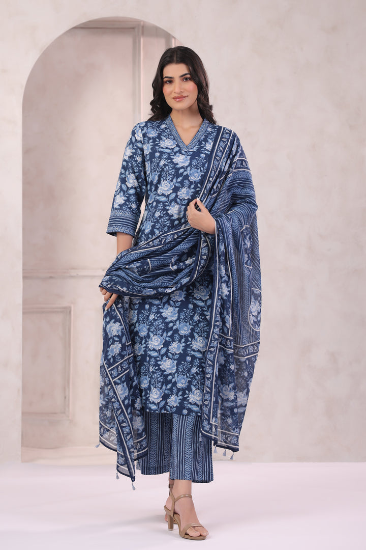 Blue Cotton Printed Designer Kurta Pant With Dupatta Set