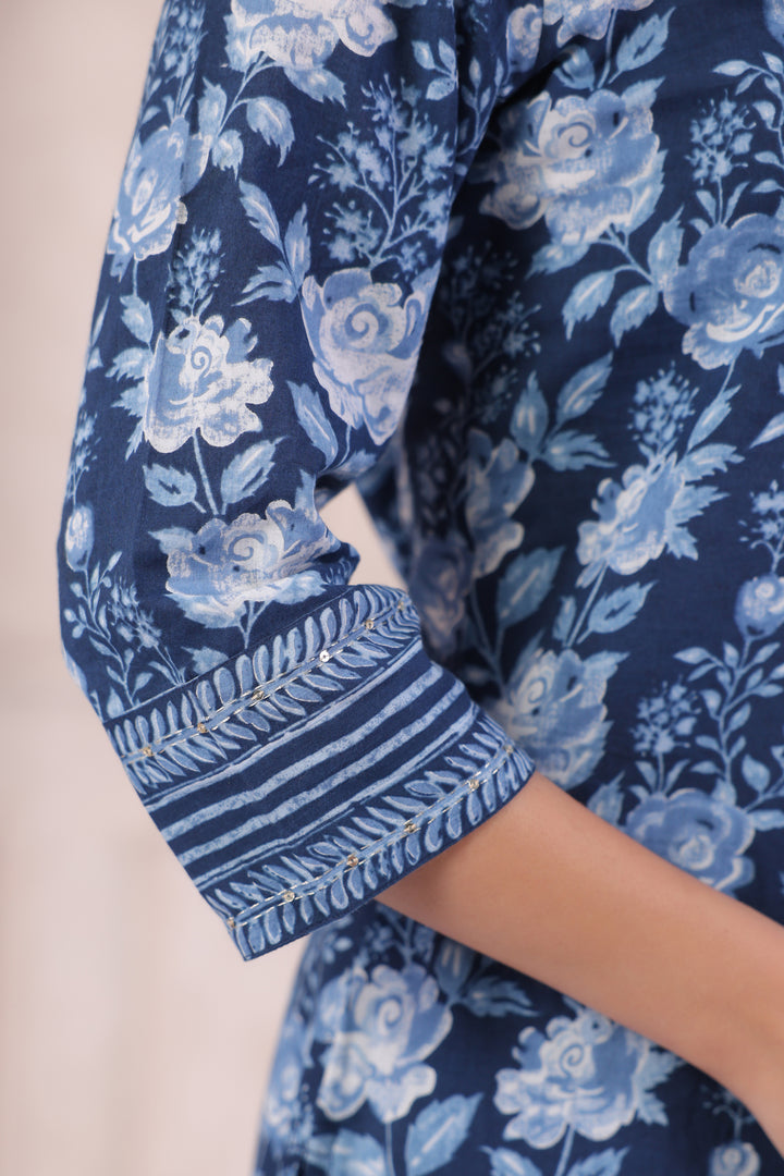 Blue Cotton Printed Designer Kurta Pant With Dupatta Set