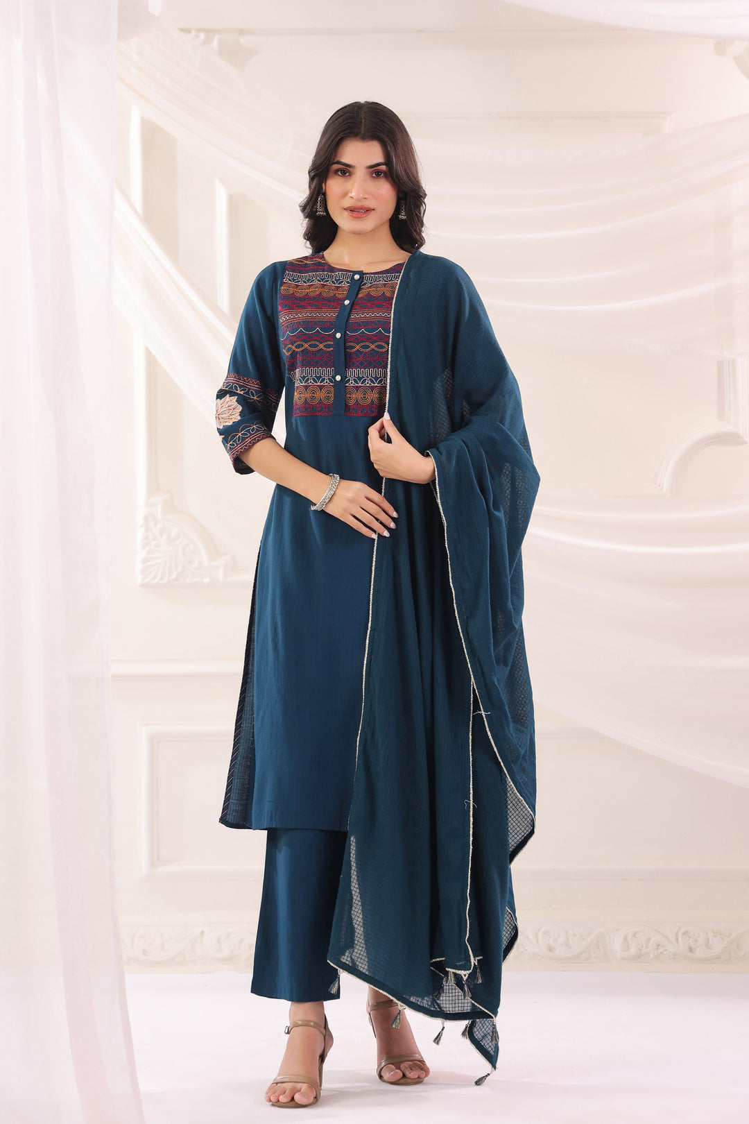 Blue Poly Silk Embroidered Kurta Pant With Dupatta Set