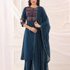 Blue Poly Silk Embroidered Kurta Pant With Dupatta Set