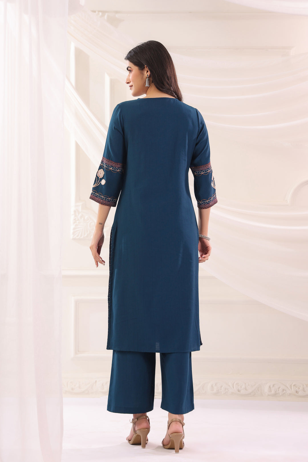 Blue Poly Silk Embroidered Kurta Pant With Dupatta Set