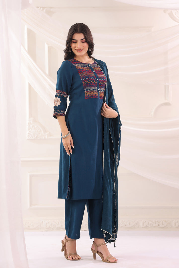 Blue Poly Silk Embroidered Kurta Pant With Dupatta Set