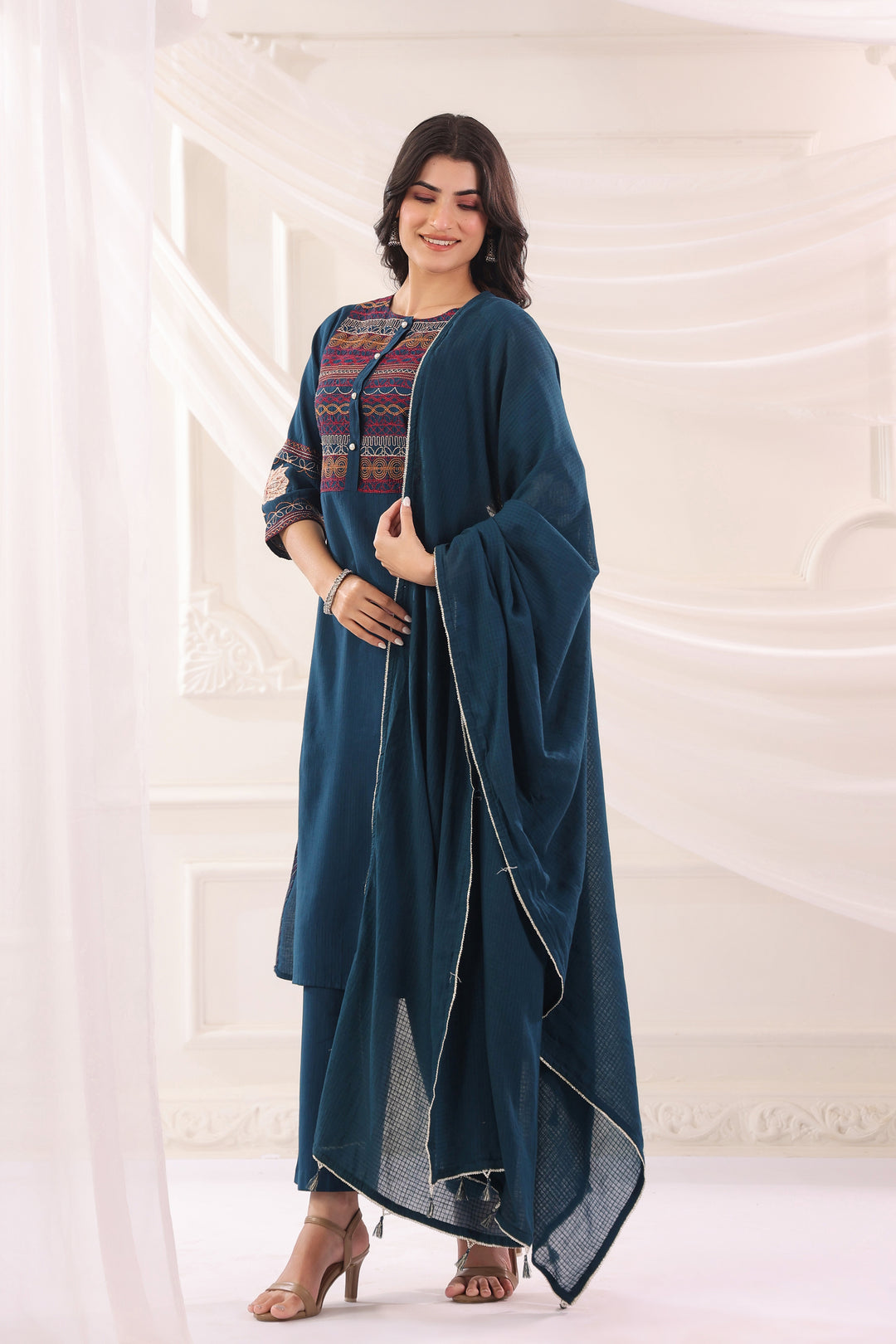 Blue Poly Silk Embroidered Kurta Pant With Dupatta Set