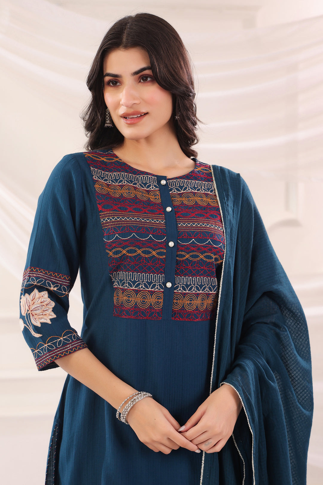 Blue Poly Silk Embroidered Kurta Pant With Dupatta Set