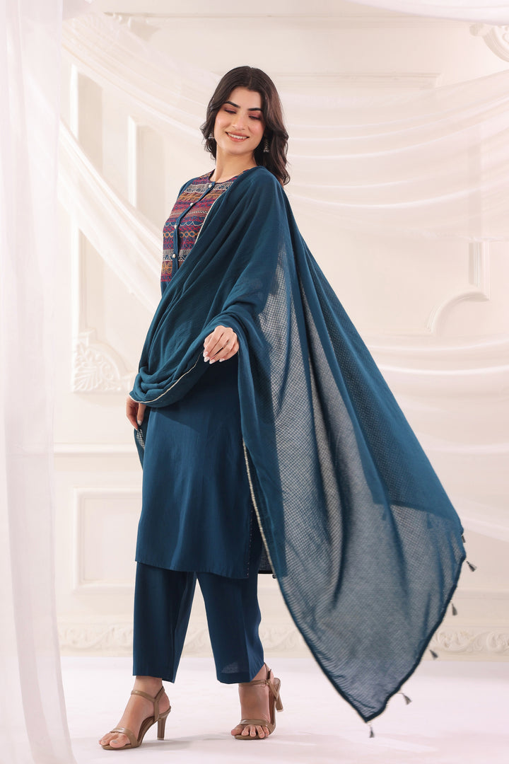 Blue Poly Silk Embroidered Kurta Pant With Dupatta Set