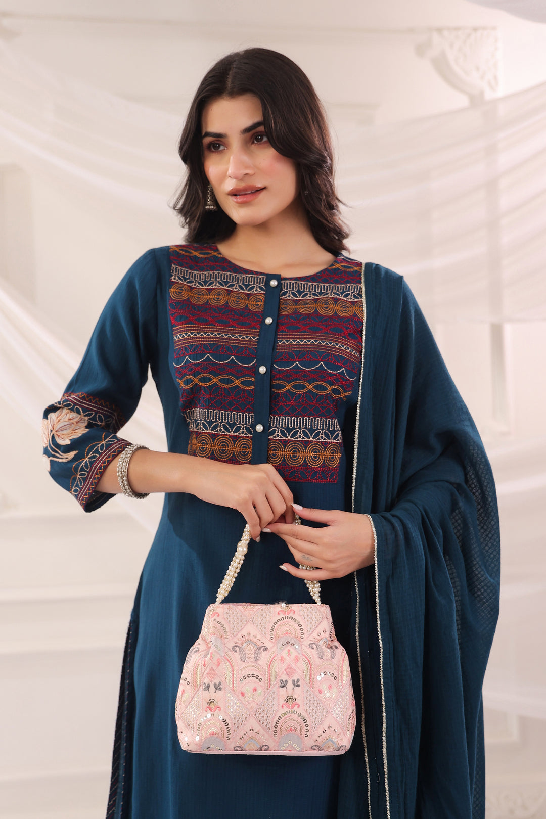 Blue Poly Silk Embroidered Kurta Pant With Dupatta Set
