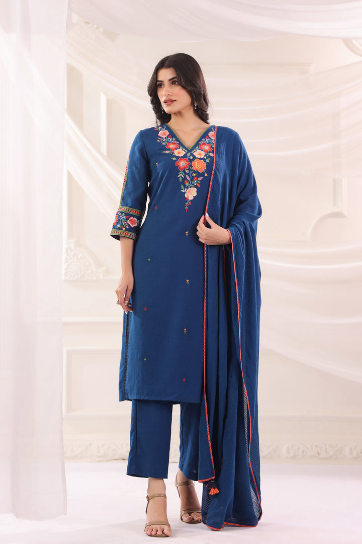 Blue Cotton Flex Embroidered Designer Kurta Pant With Dupatta Set