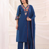 Blue Cotton Flex Embroidered Designer Kurta Pant With Dupatta Set
