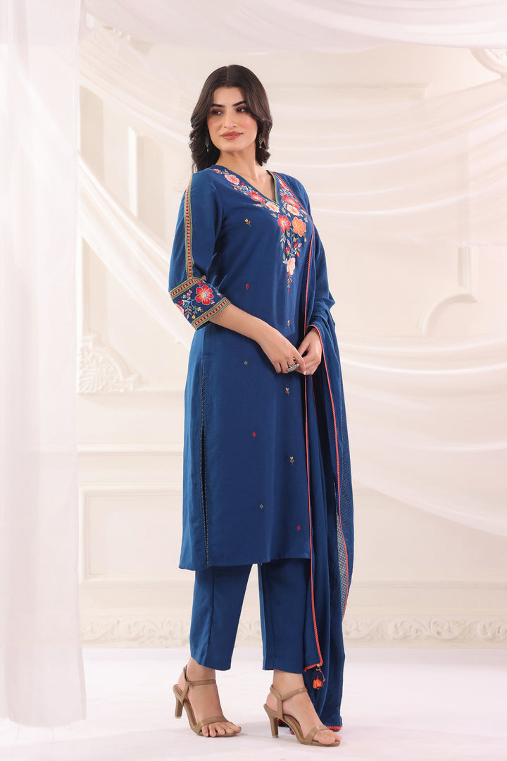 Blue Cotton Flex Embroidered Designer Kurta Pant With Dupatta Set