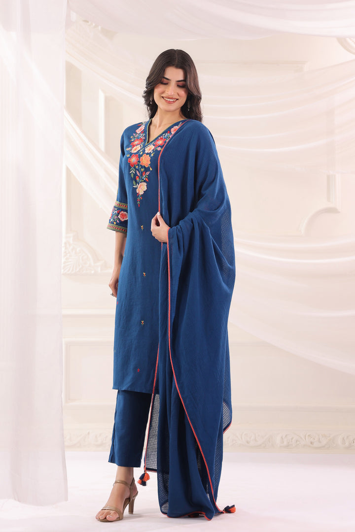 Blue Cotton Flex Embroidered Designer Kurta Pant With Dupatta Set
