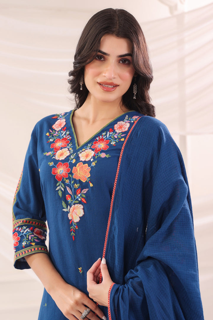 Blue Cotton Flex Embroidered Designer Kurta Pant With Dupatta Set