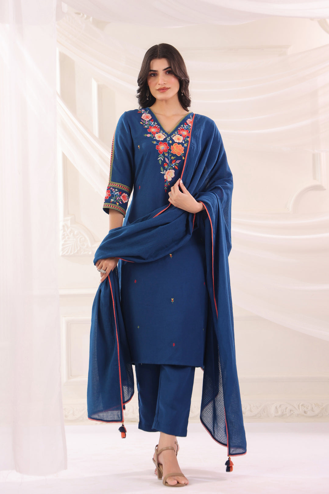 Blue Cotton Flex Embroidered Designer Kurta Pant With Dupatta Set