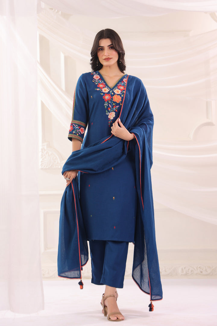 Blue Cotton Flex Embroidered Designer Kurta Pant With Dupatta Set