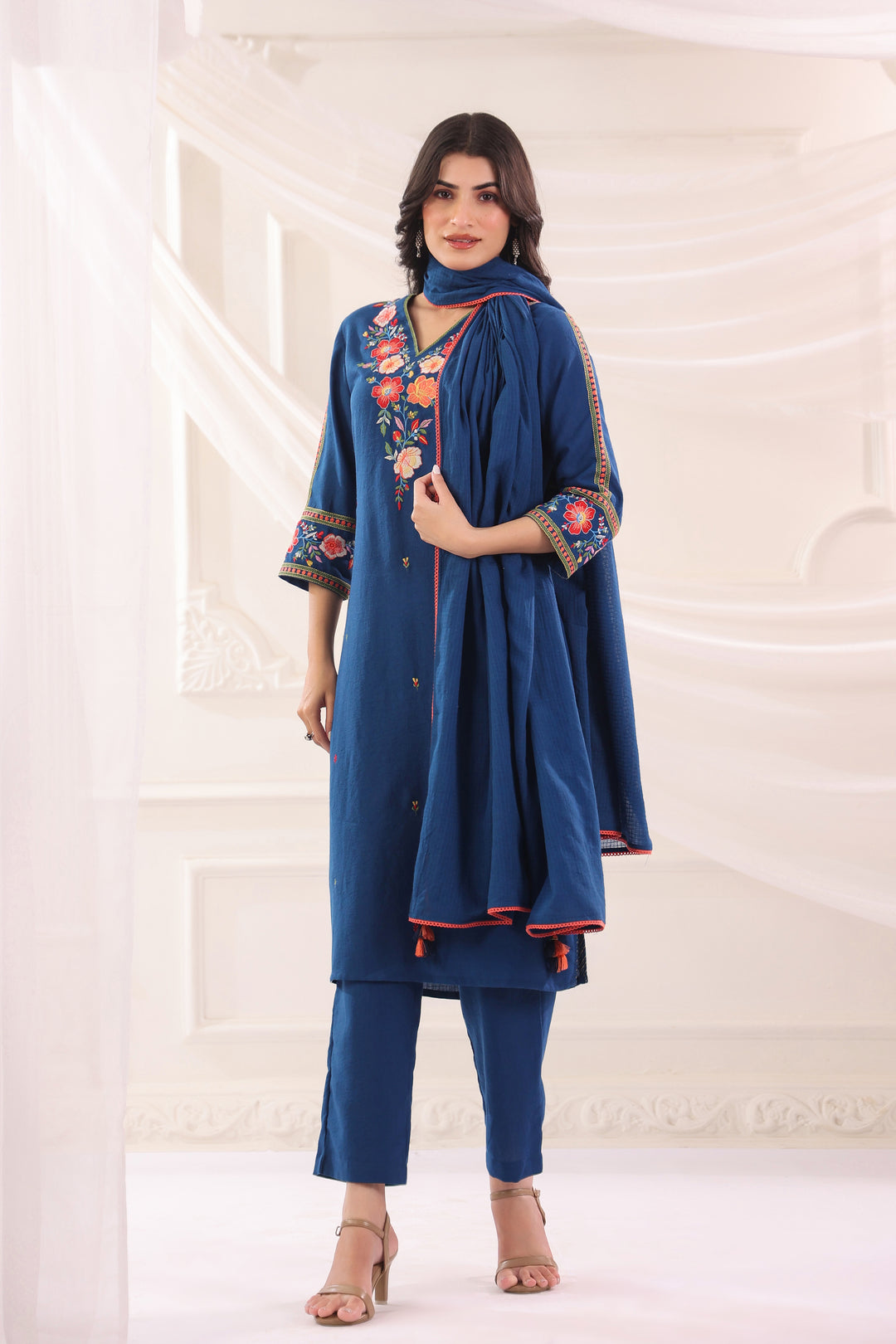 Blue Cotton Flex Embroidered Designer Kurta Pant With Dupatta Set