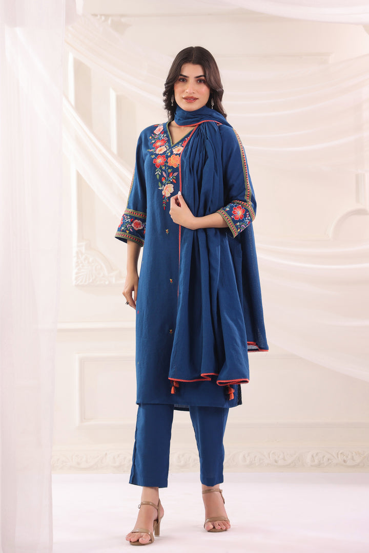 Blue Cotton Flex Embroidered Designer Kurta Pant With Dupatta Set