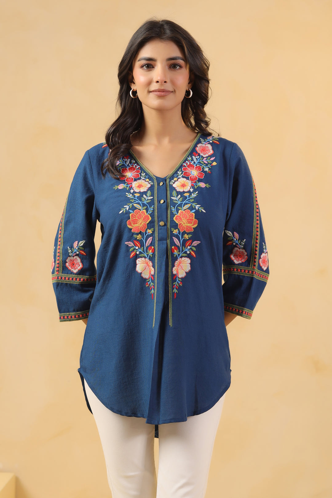 Blue Cotton Embroidered Designer Top