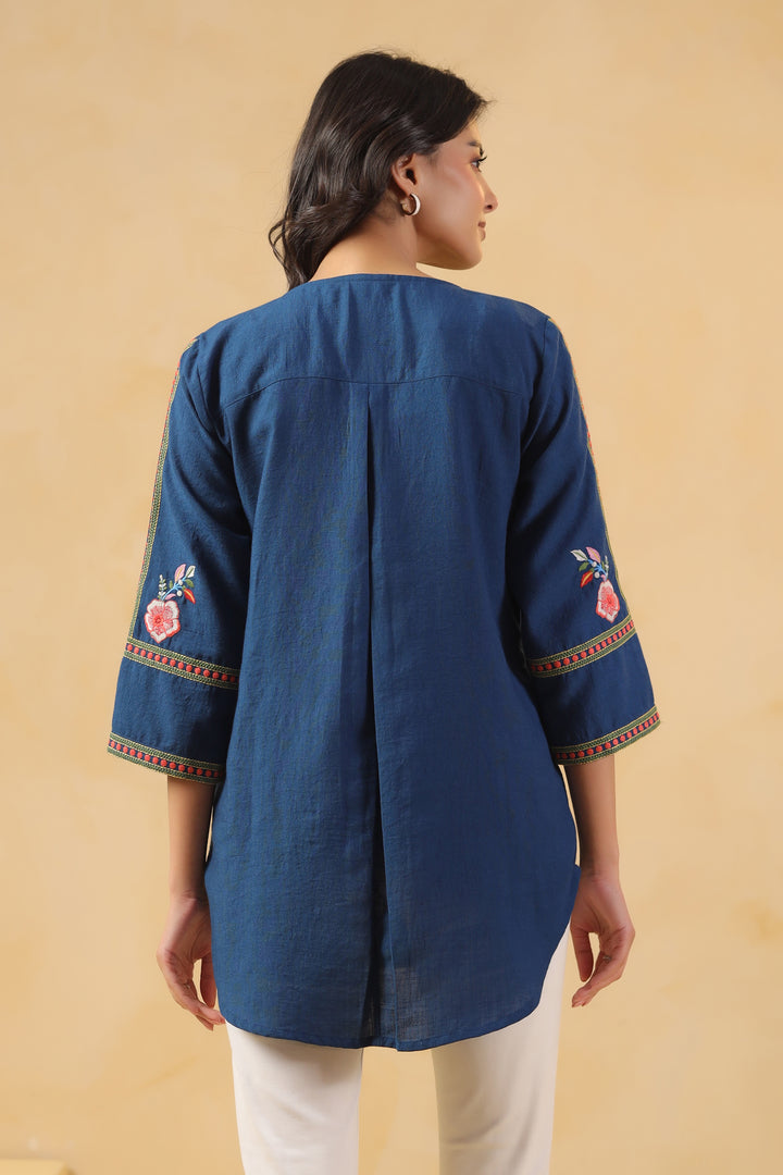 Blue Cotton Embroidered Designer Top