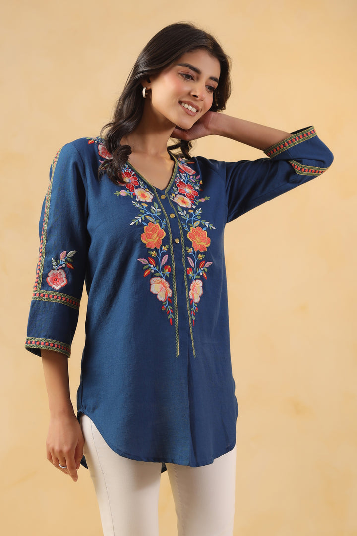 Blue Cotton Embroidered Designer Top