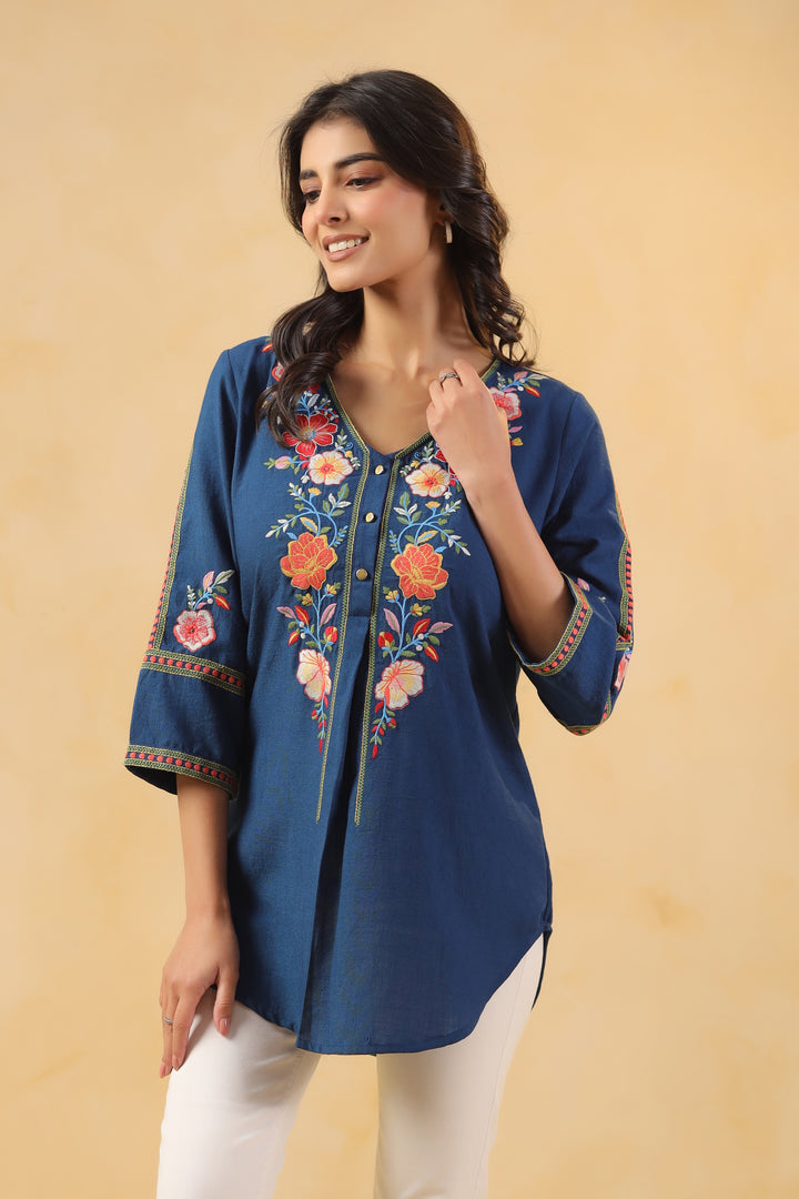 Blue Cotton Embroidered Designer Top