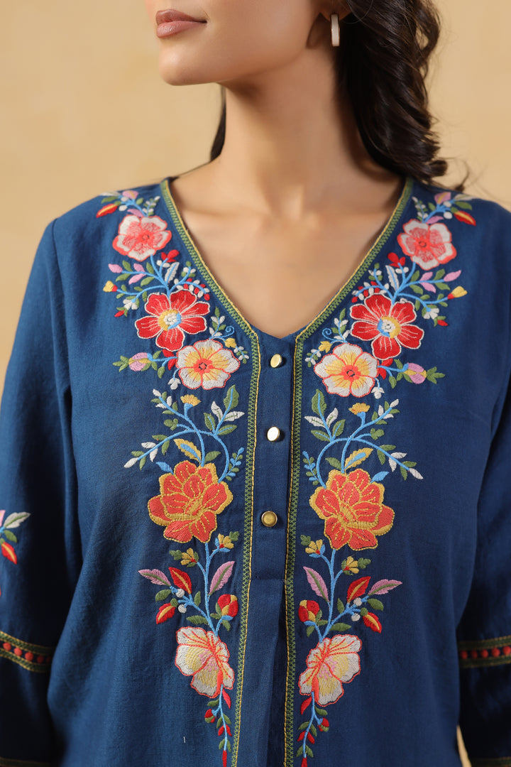 Blue Cotton Embroidered Designer Top