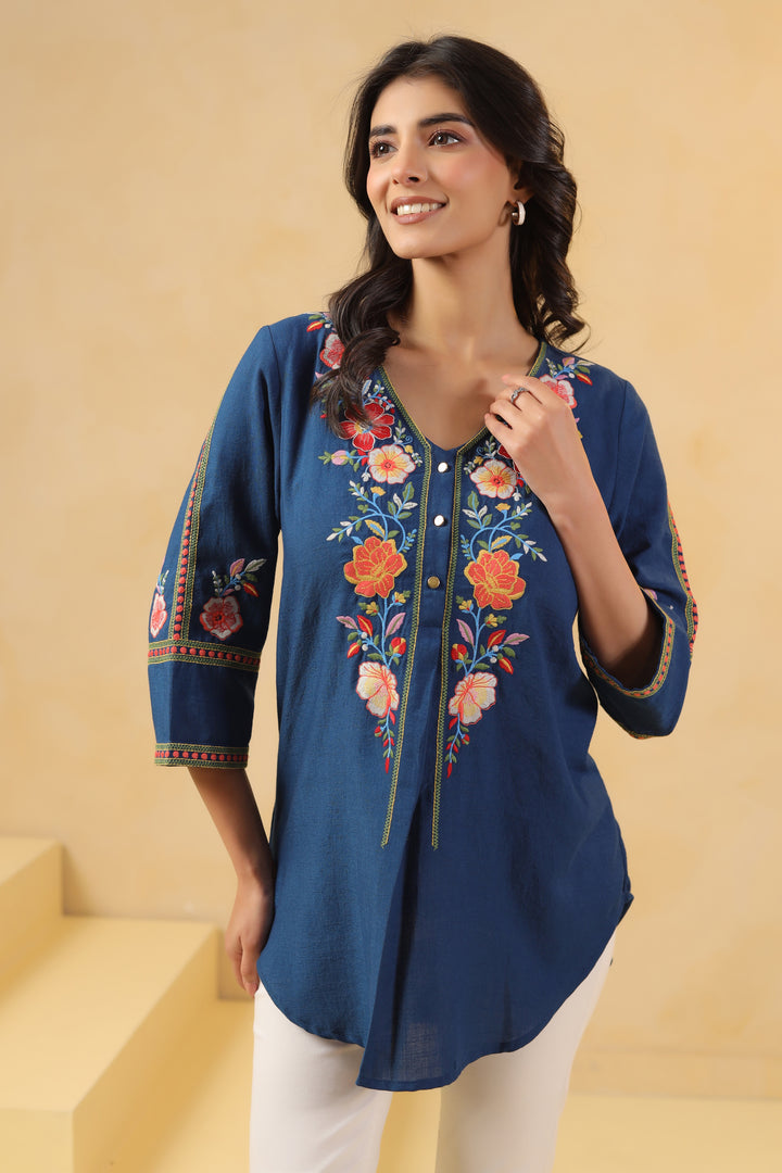 Blue Cotton Embroidered Designer Top