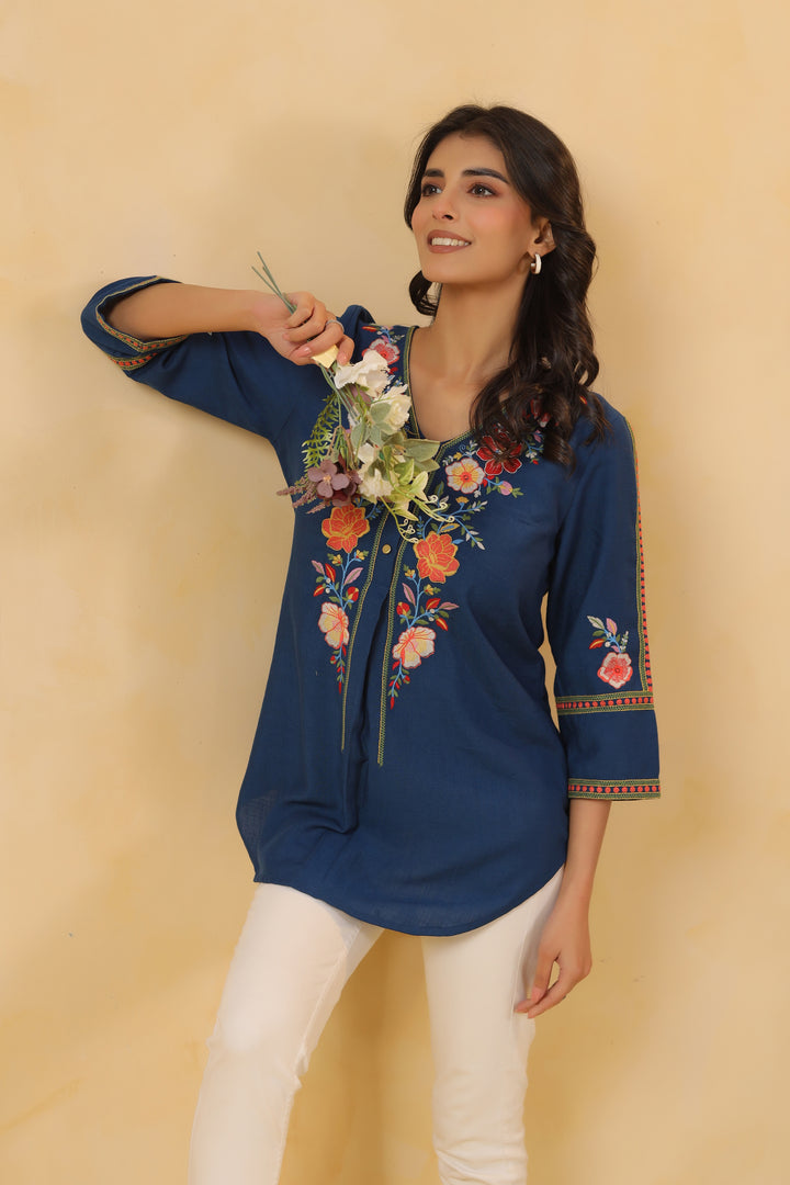 Blue Cotton Embroidered Designer Top