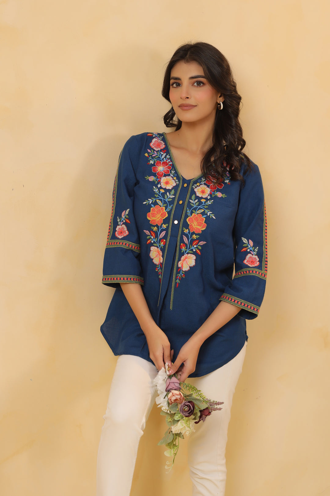 Blue Cotton Embroidered Designer Top