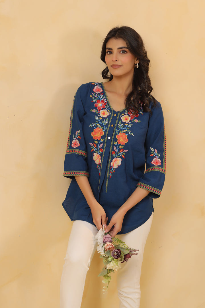 Blue Cotton Embroidered Designer Top