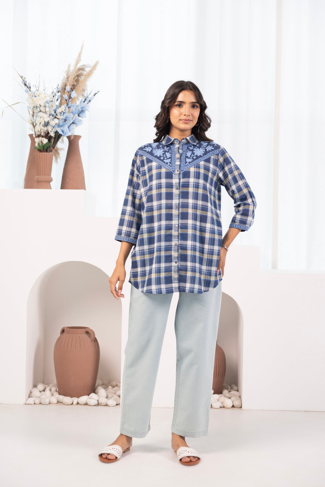 Blue Cotton Yarn Dyed Embroidered Shirt Top