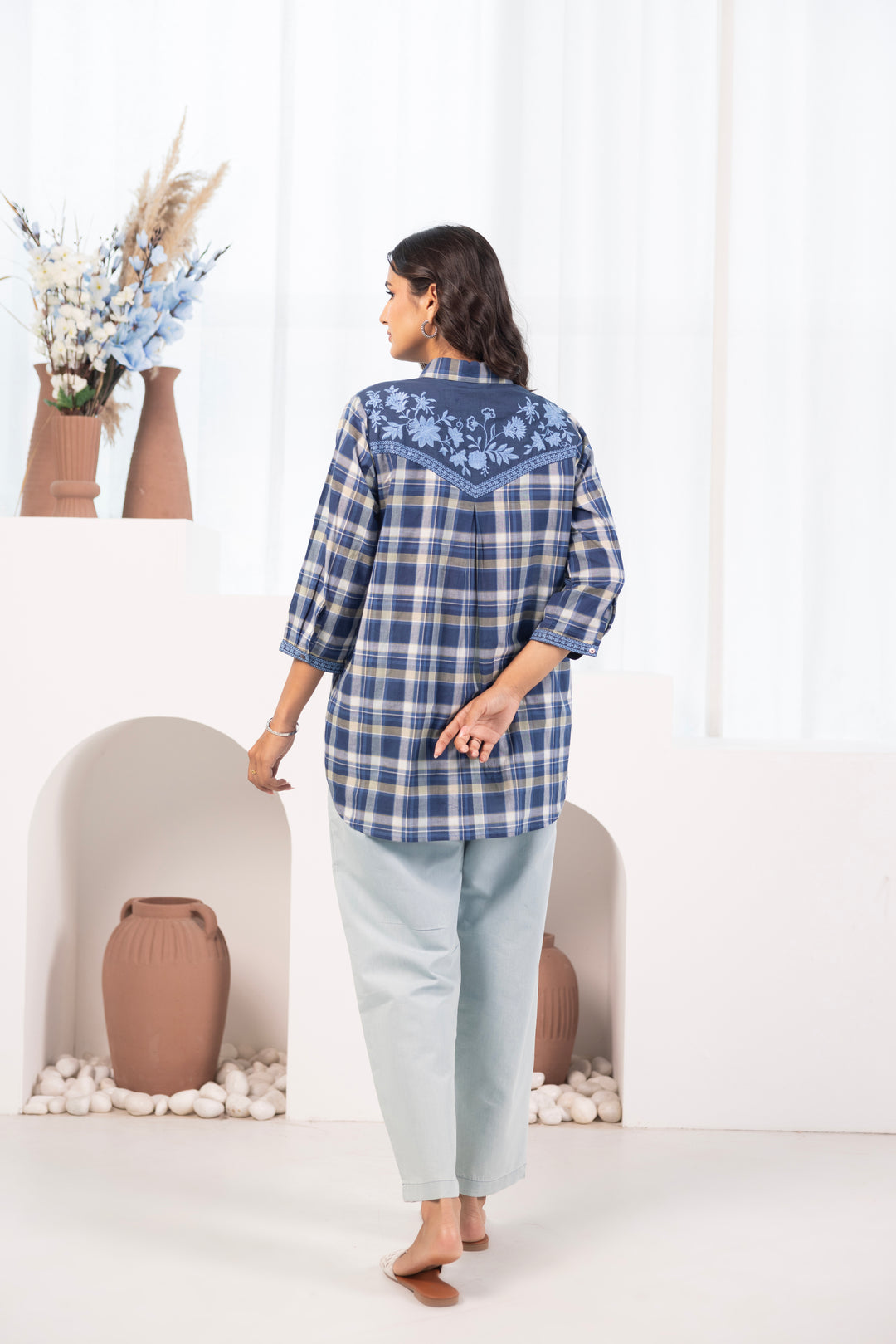 Blue Cotton Yarn Dyed Embroidered Shirt Top