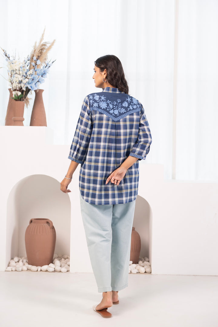 Blue Cotton Yarn Dyed Embroidered Shirt Top