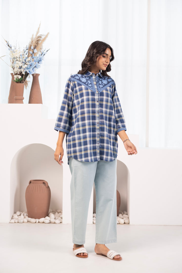 Blue Cotton Yarn Dyed Embroidered Shirt Top