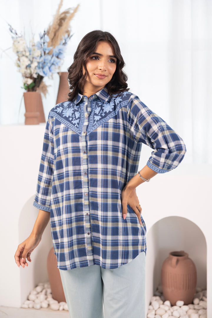 Blue Cotton Yarn Dyed Embroidered Shirt Top