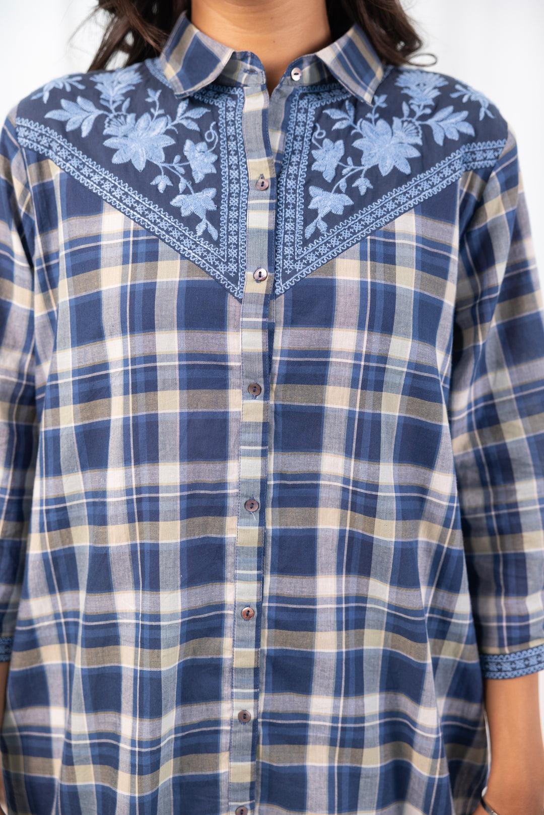 Blue Cotton Yarn Dyed Embroidered Shirt Top