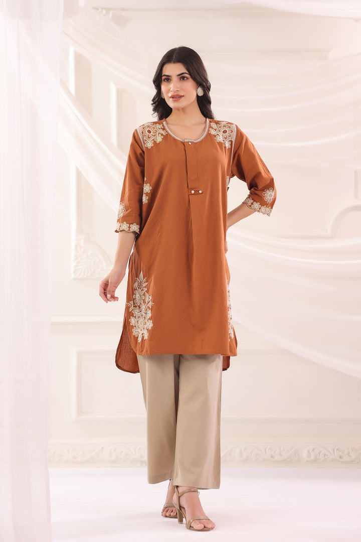Brown Cotton Embroidered Designer Co Ords Set