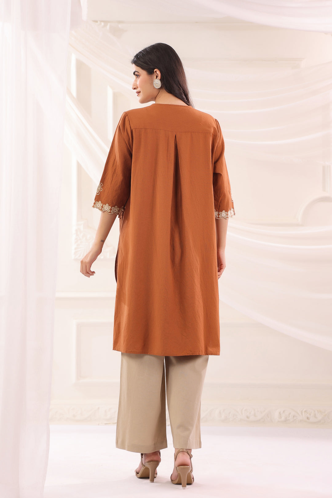 Brown Cotton Embroidered Designer Co Ords Set