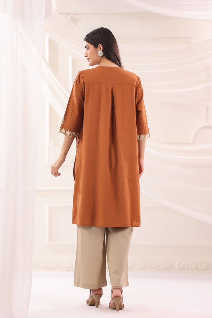 Brown Cotton Embroidered Designer Co Ords Set