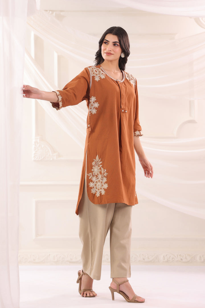 Brown Cotton Embroidered Designer Co Ords Set