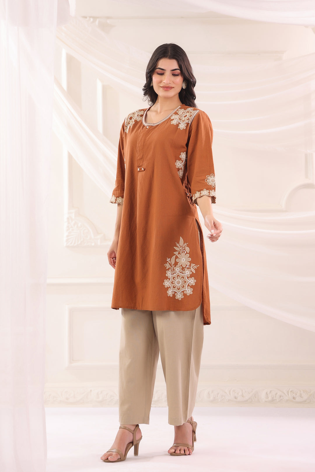 Brown Cotton Embroidered Designer Co Ords Set