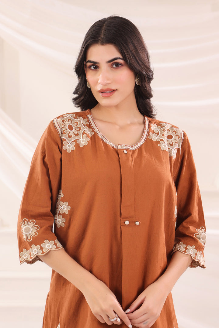 Brown Cotton Embroidered Designer Co Ords Set