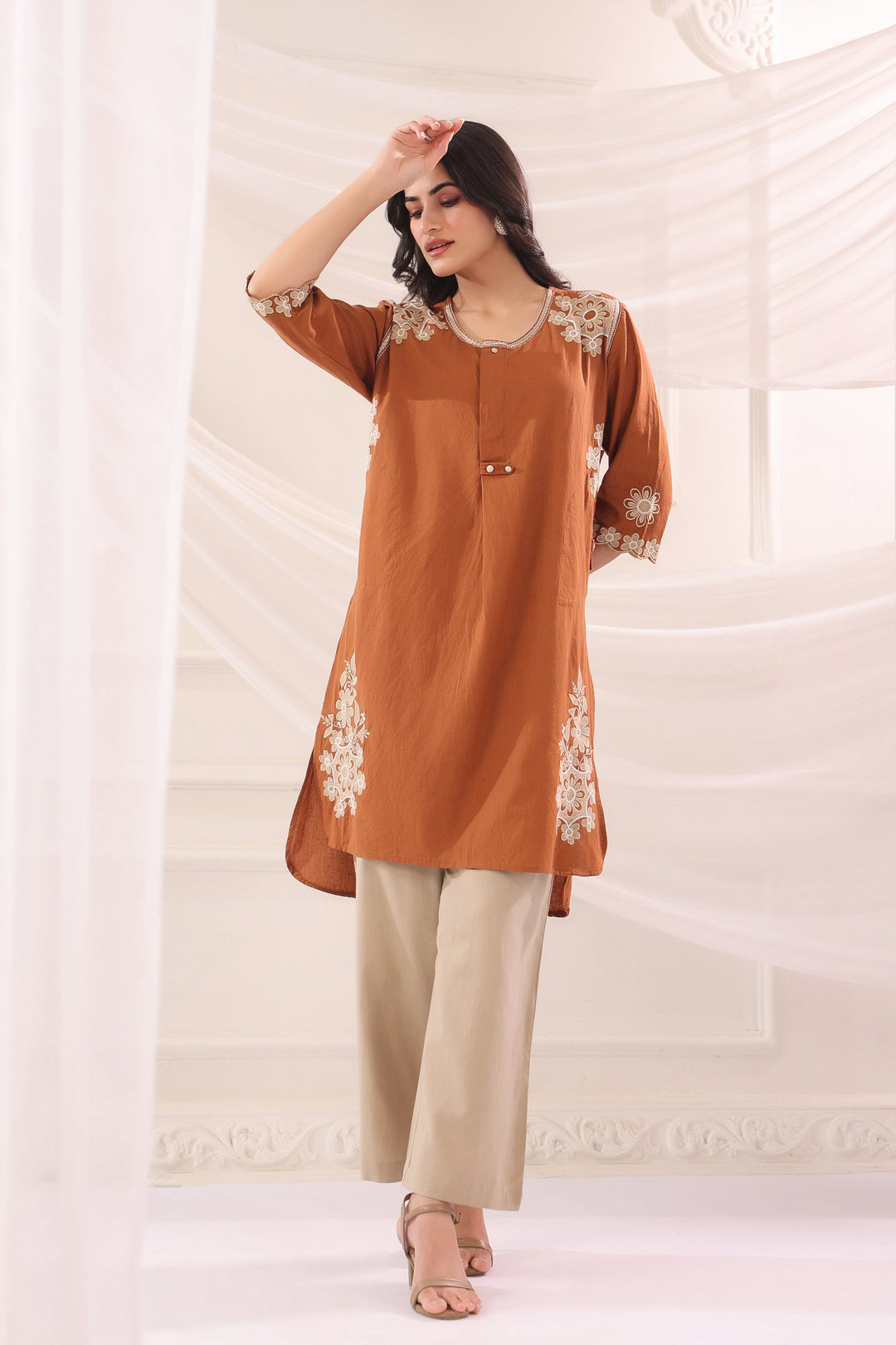 Brown Cotton Embroidered Designer Co Ords Set