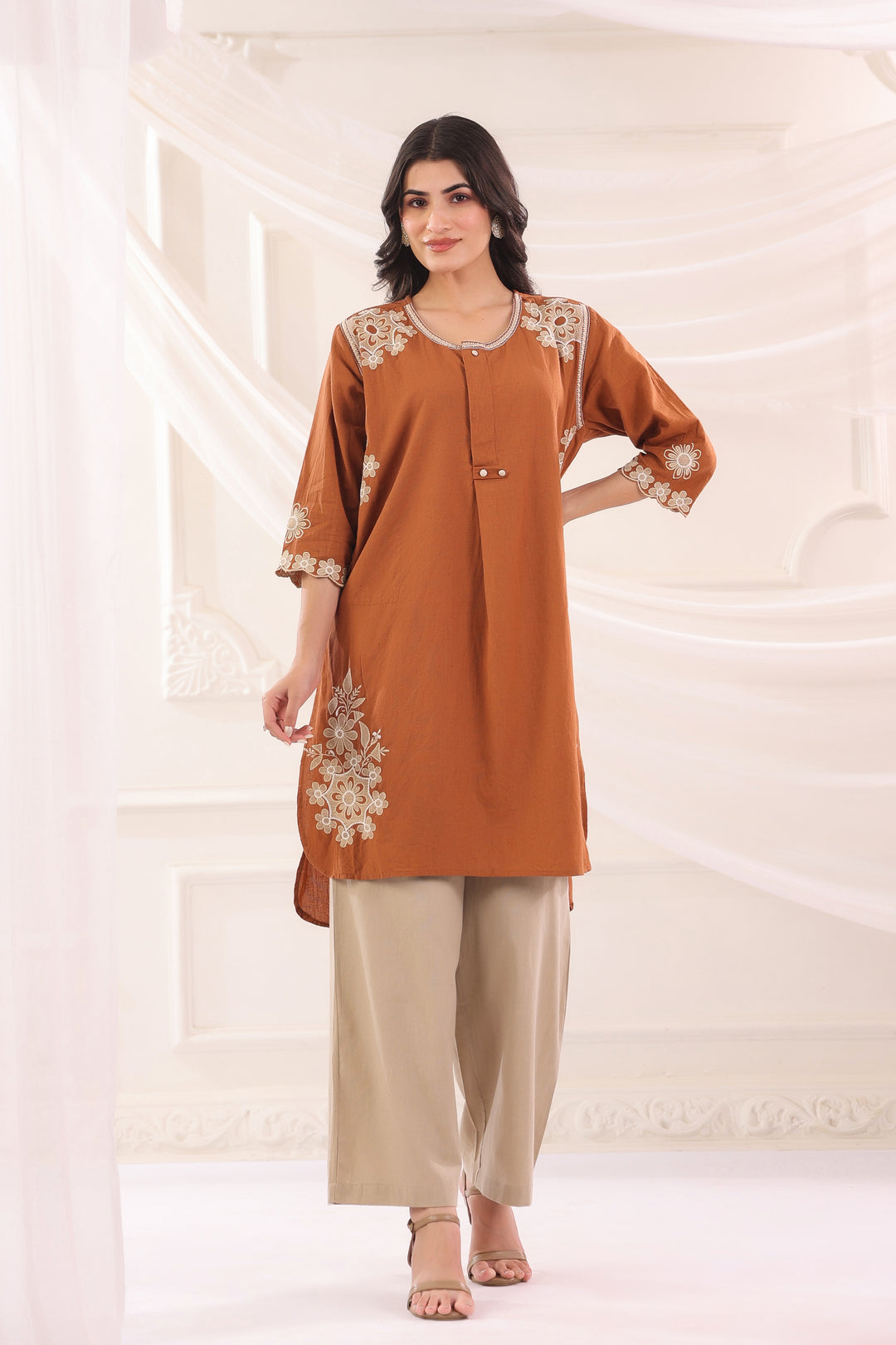 Brown Cotton Embroidered Designer Co Ords Set