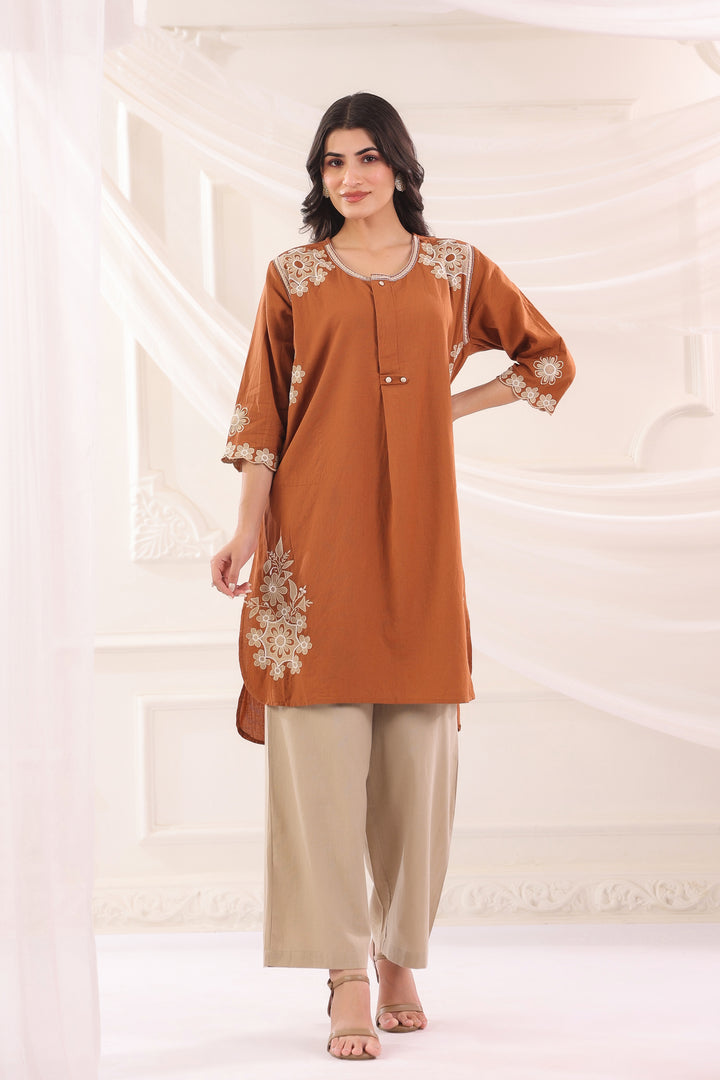 Brown Cotton Embroidered Designer Co Ords Set