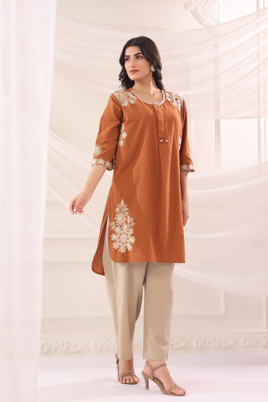 Brown Cotton Embroidered Designer Co Ords Set