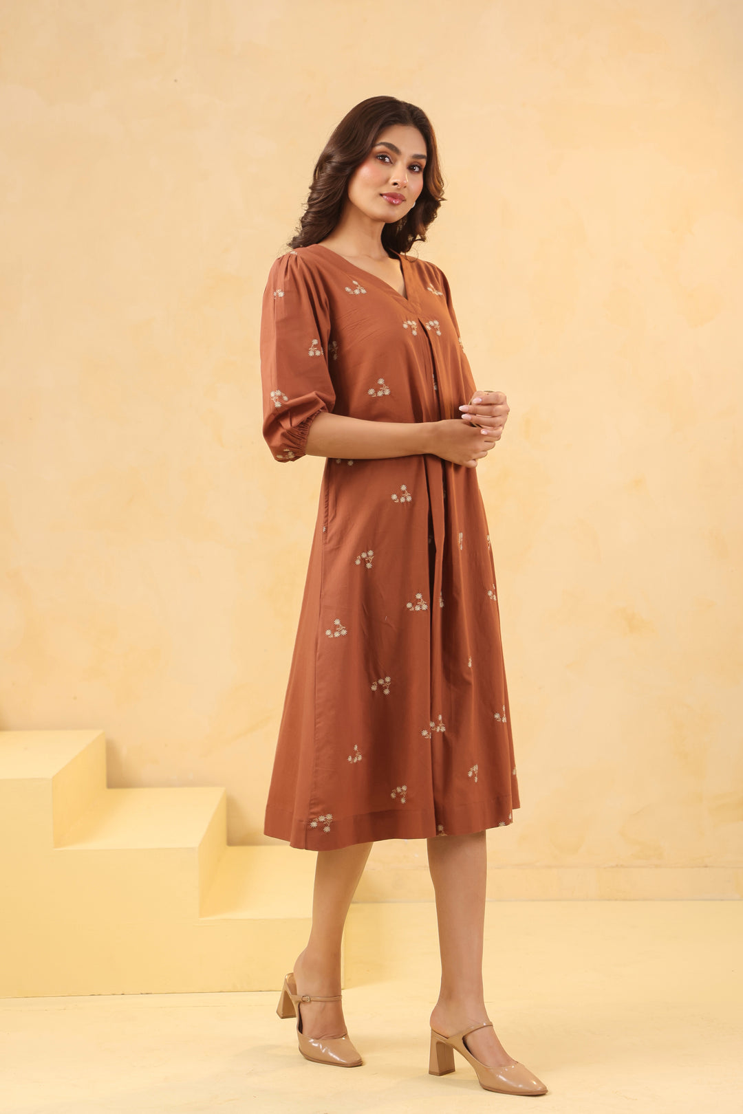 Brown Cotton Embroidered Designer A-Line Dress